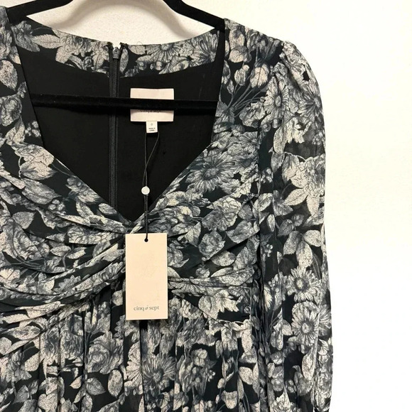 NWOT $395 Cinq a Sept Harlie Twisted Floral Tiered Mini Balloon Sleeve Dress - Picture 7 of 12